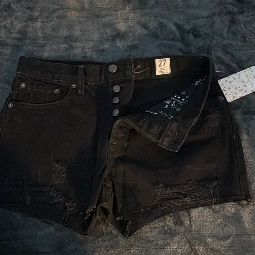 Free People Black Distressed Jean Shorts